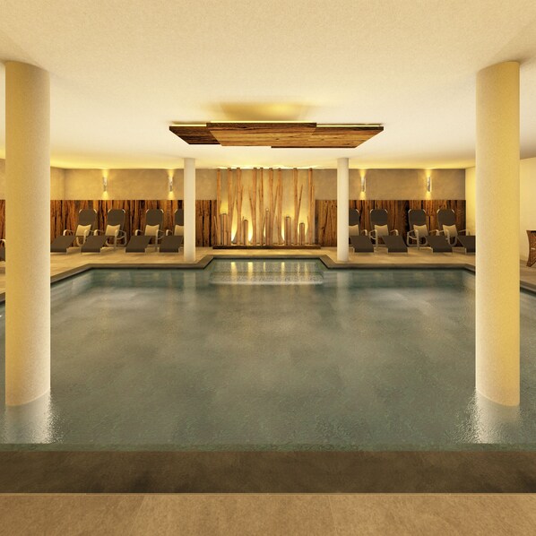 Piscine couverte, chaises longues