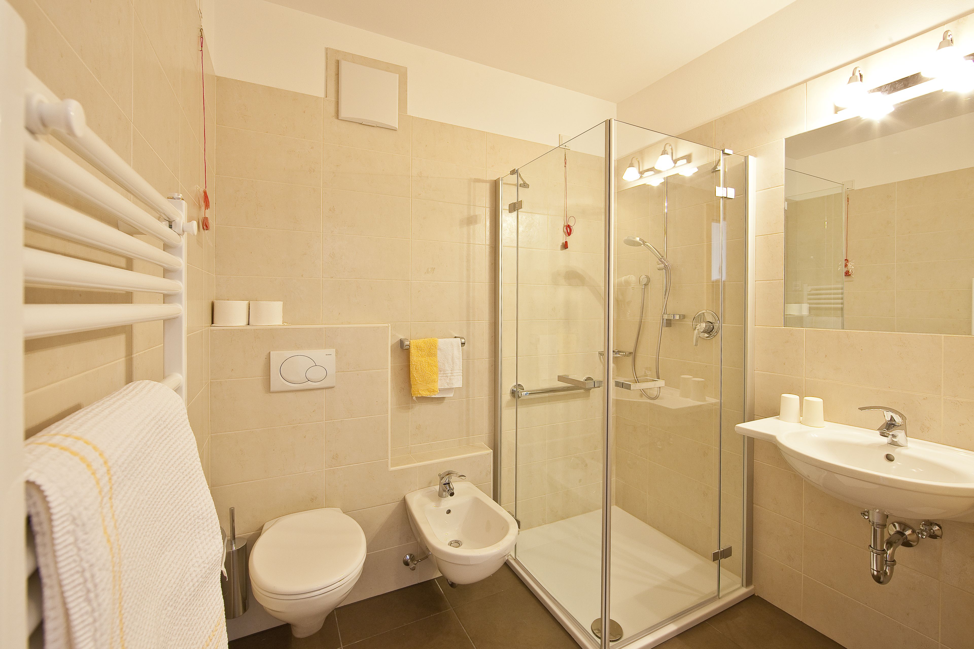 free toiletries, hair dryer, bidet, towels