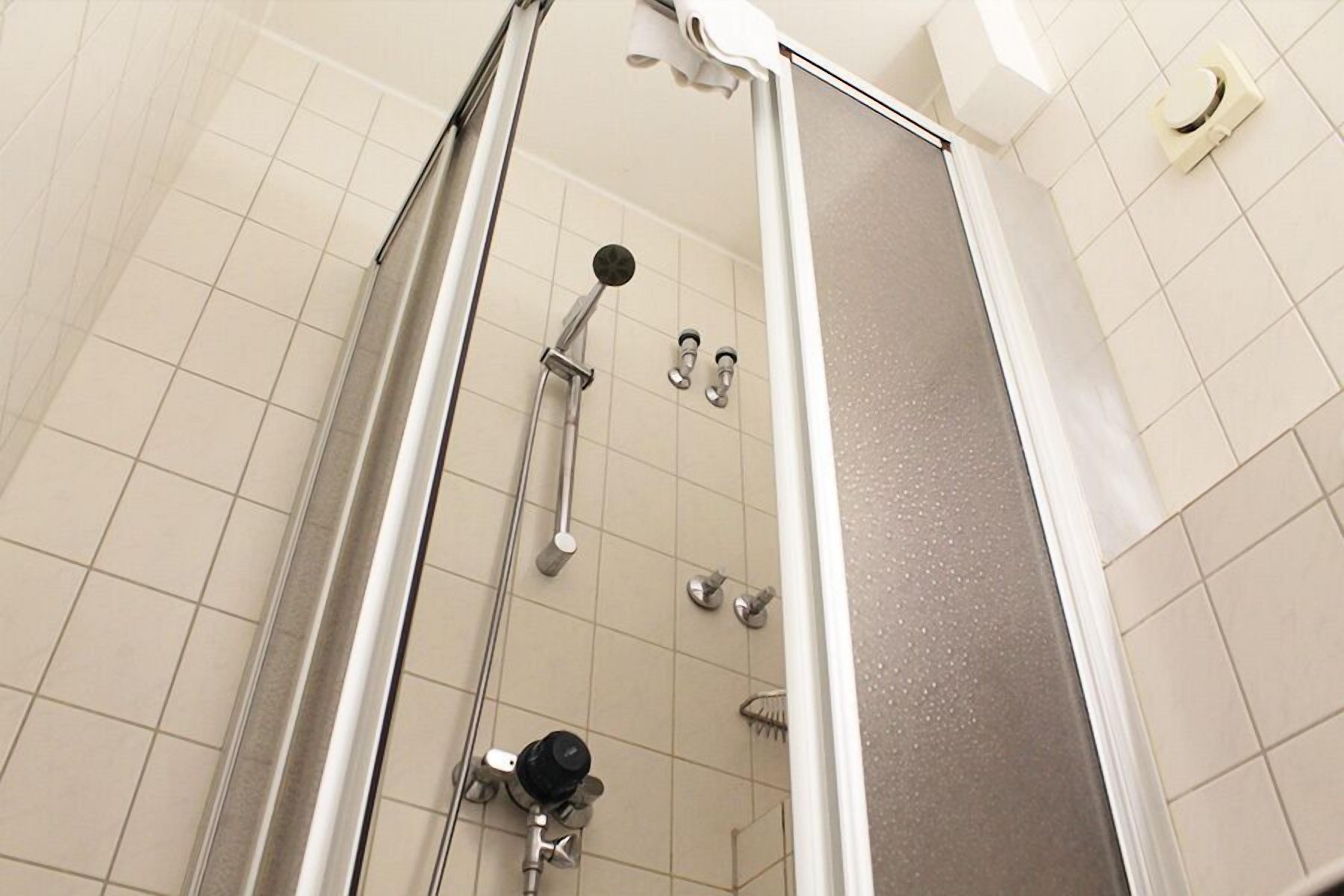 shower, towels, soap, shampoo