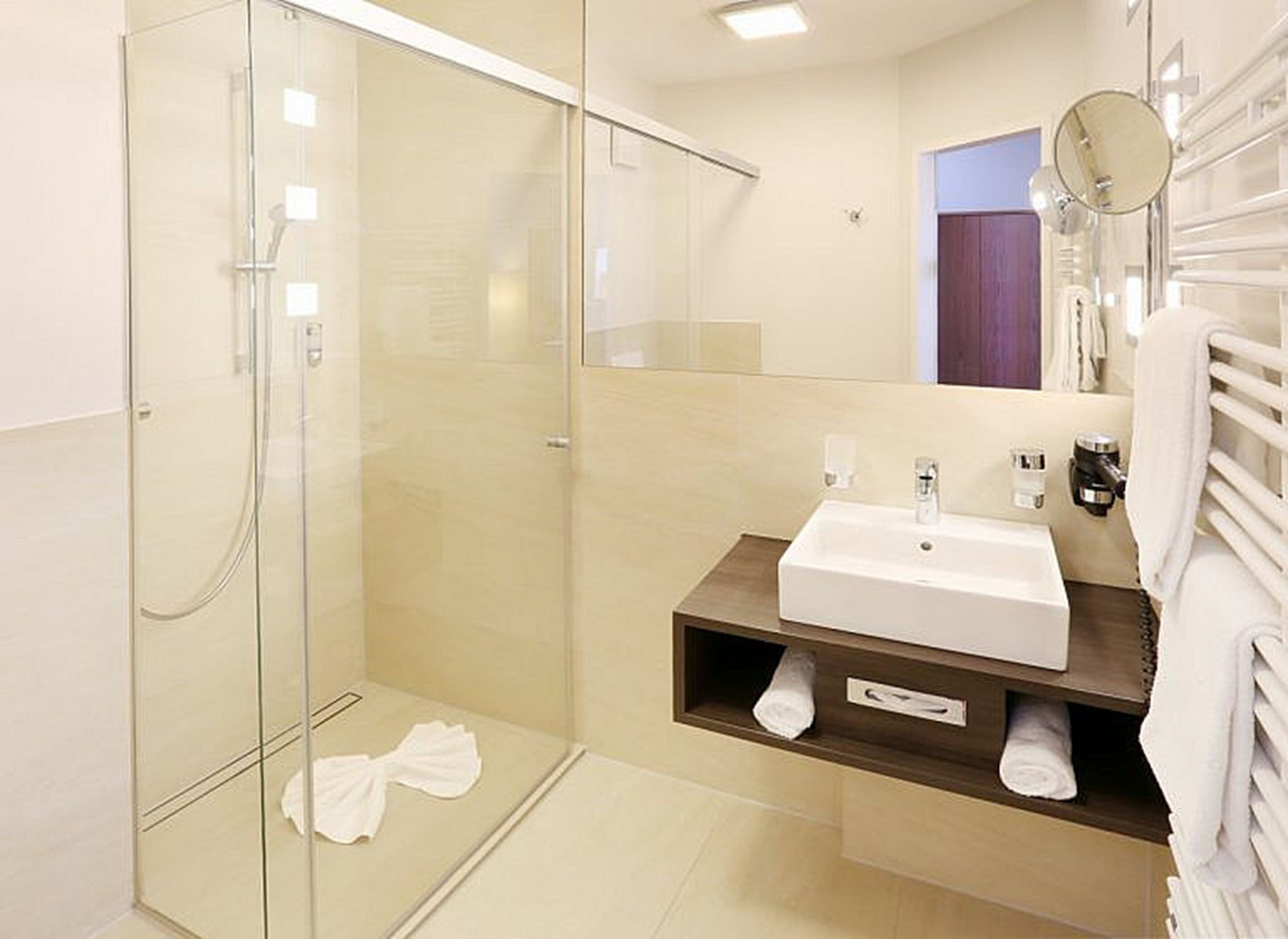 shower, hair dryer, bathrobes, towels