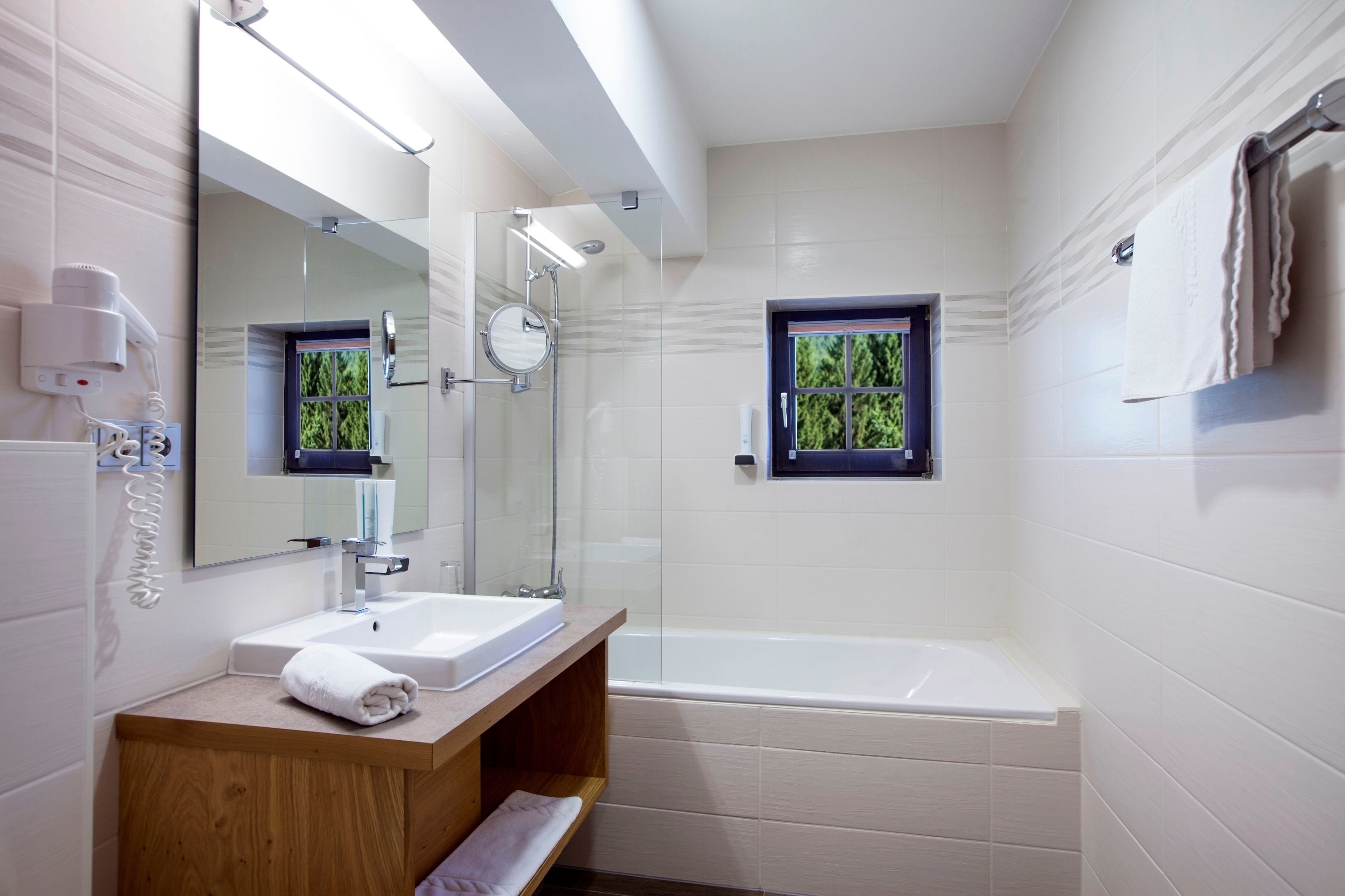 shower, hair dryer, bathrobes, slippers