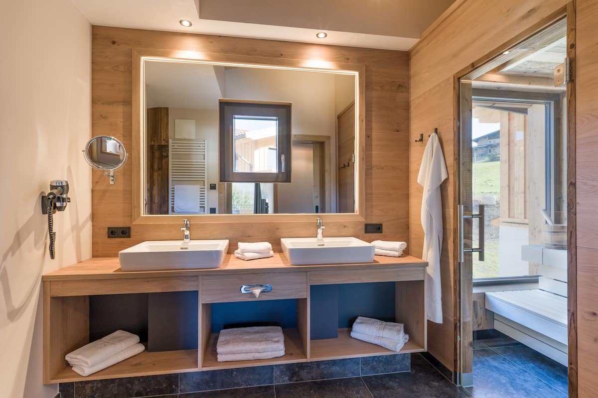 chalet, mountain view | bathroom | shower, hair dryer, bathrobes, slippers