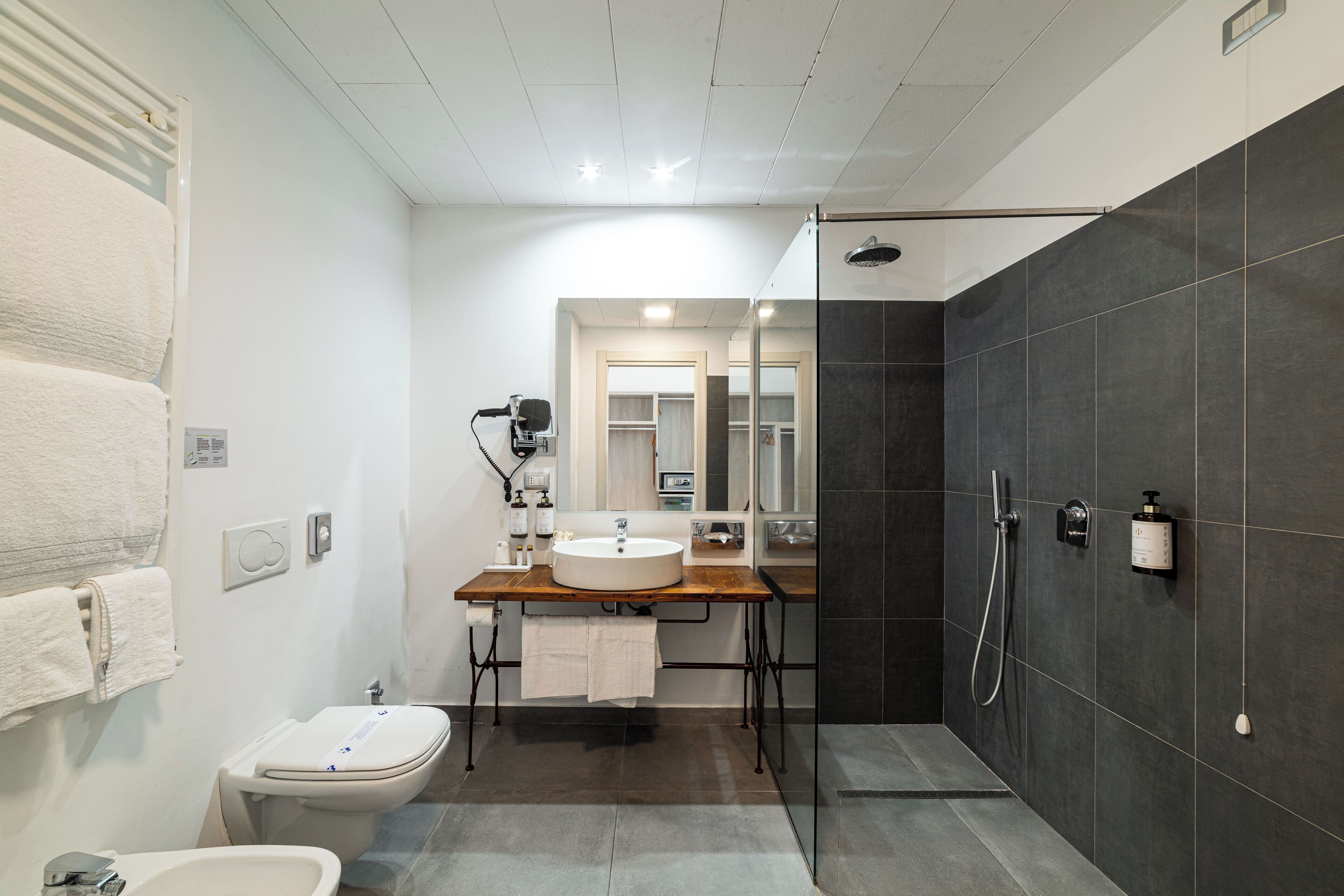 A modern bathroom with a wooden vanity, a white sink, a bidet, and a walk-in shower.
