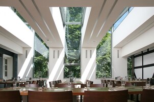 Un comedor moderno con ventanas amplias, varias mesas y sillas dispuestas para comer.