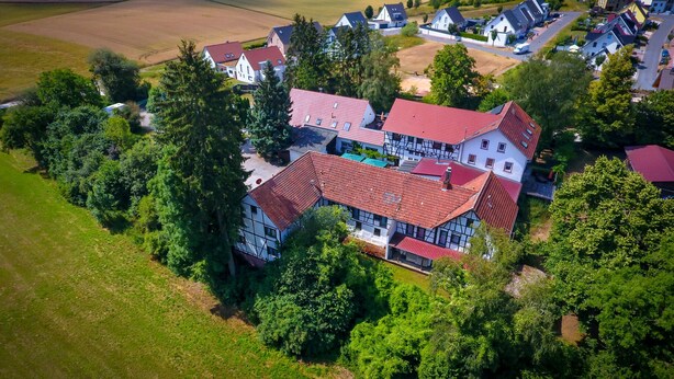 Vista aérea de un área residencial con varias casas, rodeada de vegetación y campos.