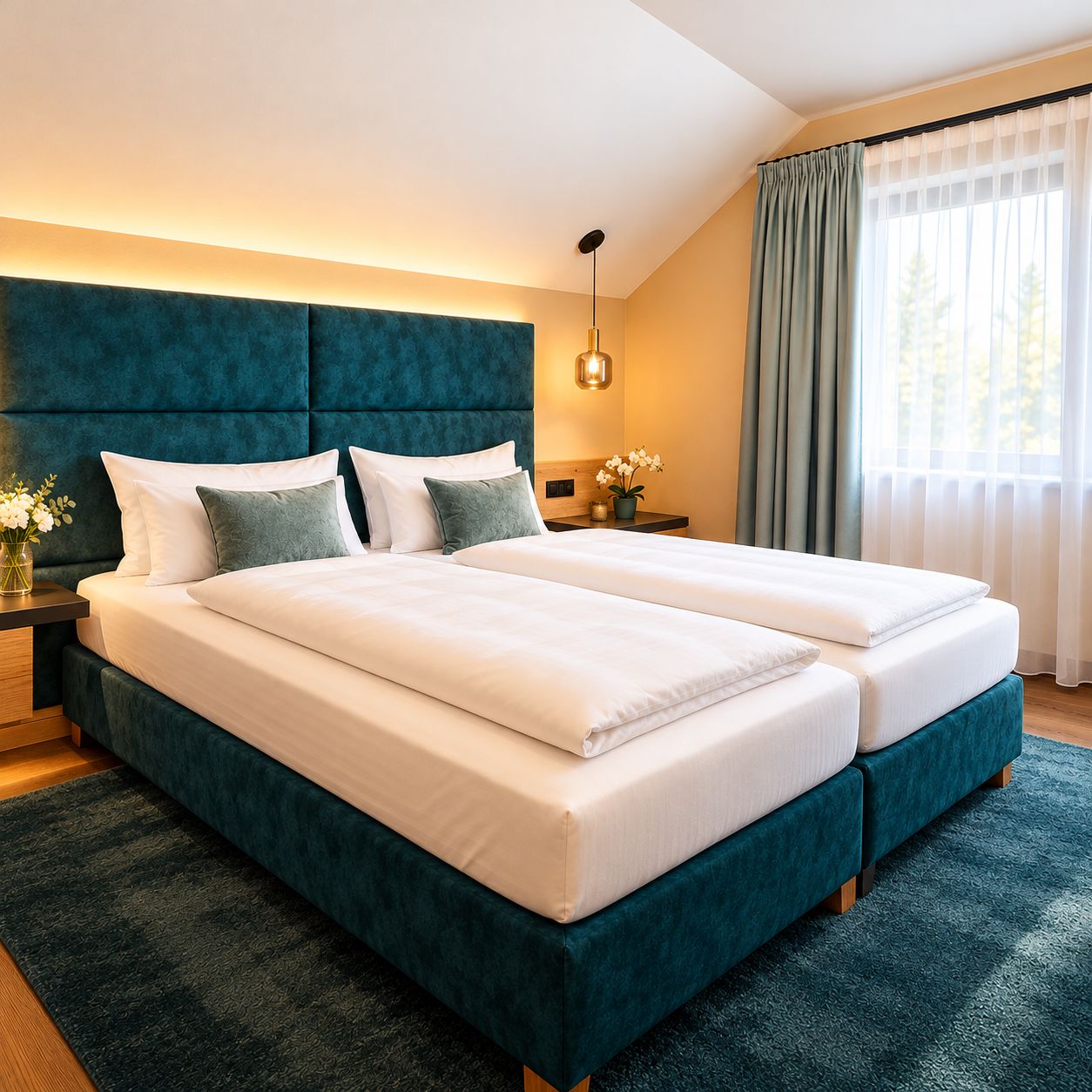 Ein Doppelbett mit türkisblauem Kopfteil, ein Nachttisch mit Blumenvase und ein Fenster mit durchscheinenden Vorhängen.