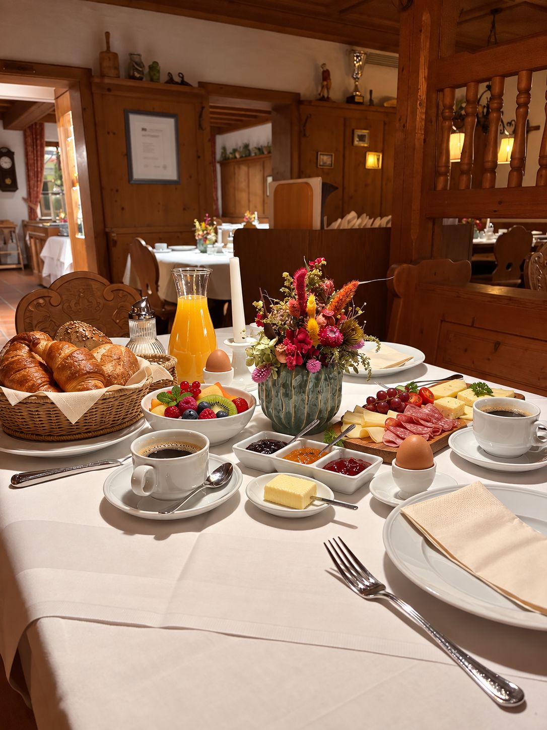 A breakfast setting with croissants, fruit, cheese, and coffee.