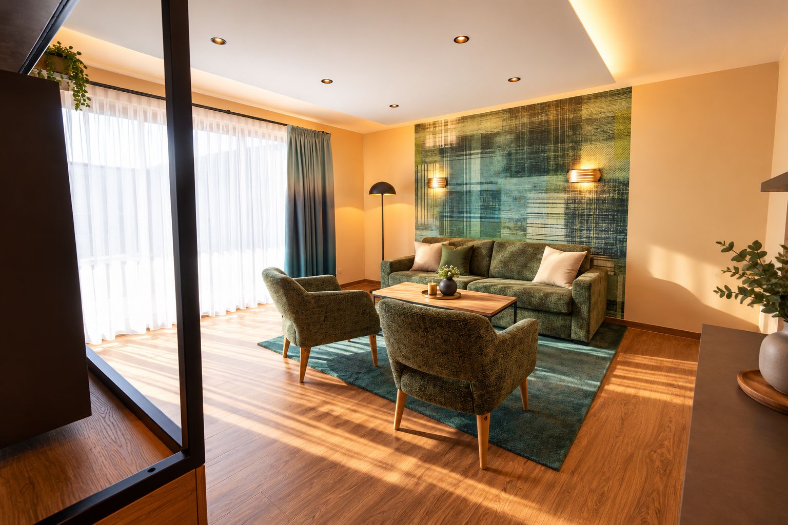 Una sala de estar moderna con un sofá, dos sillones, una mesita de centro y una lámpara de pie.