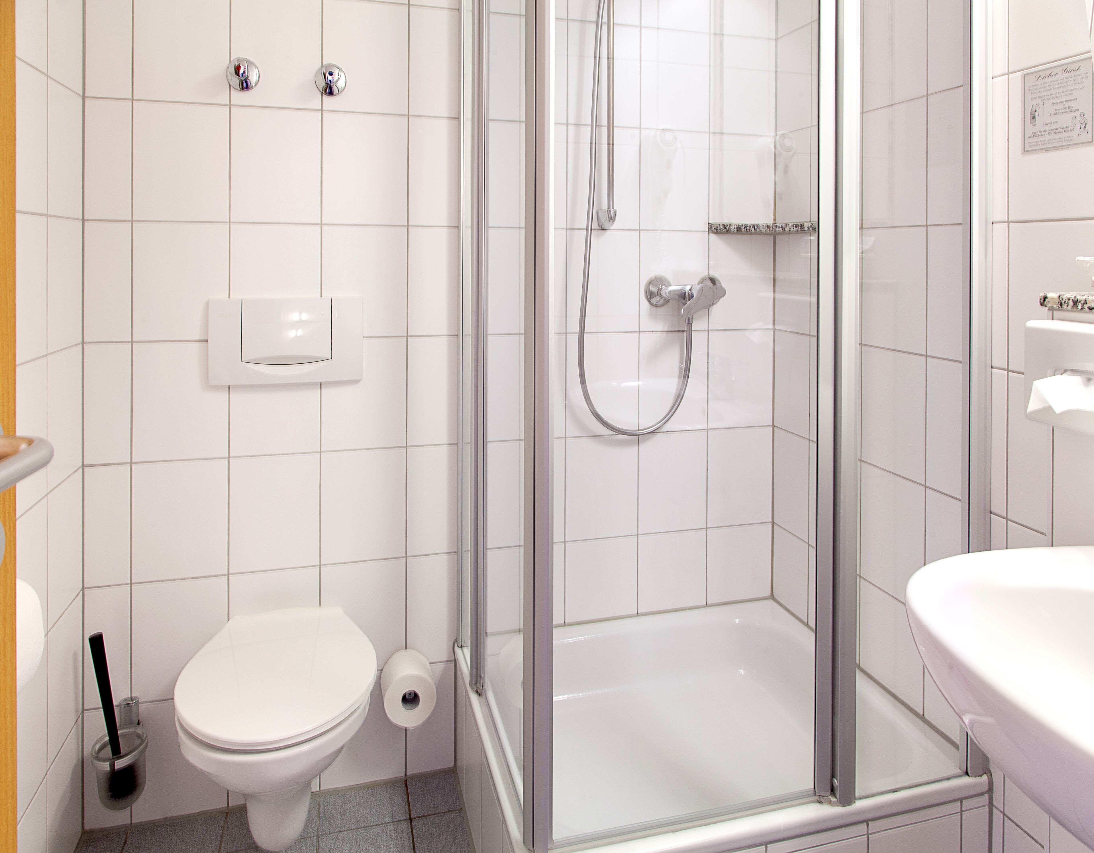 A modern bathroom with a glass-enclosed shower, a toilet, and a sink.