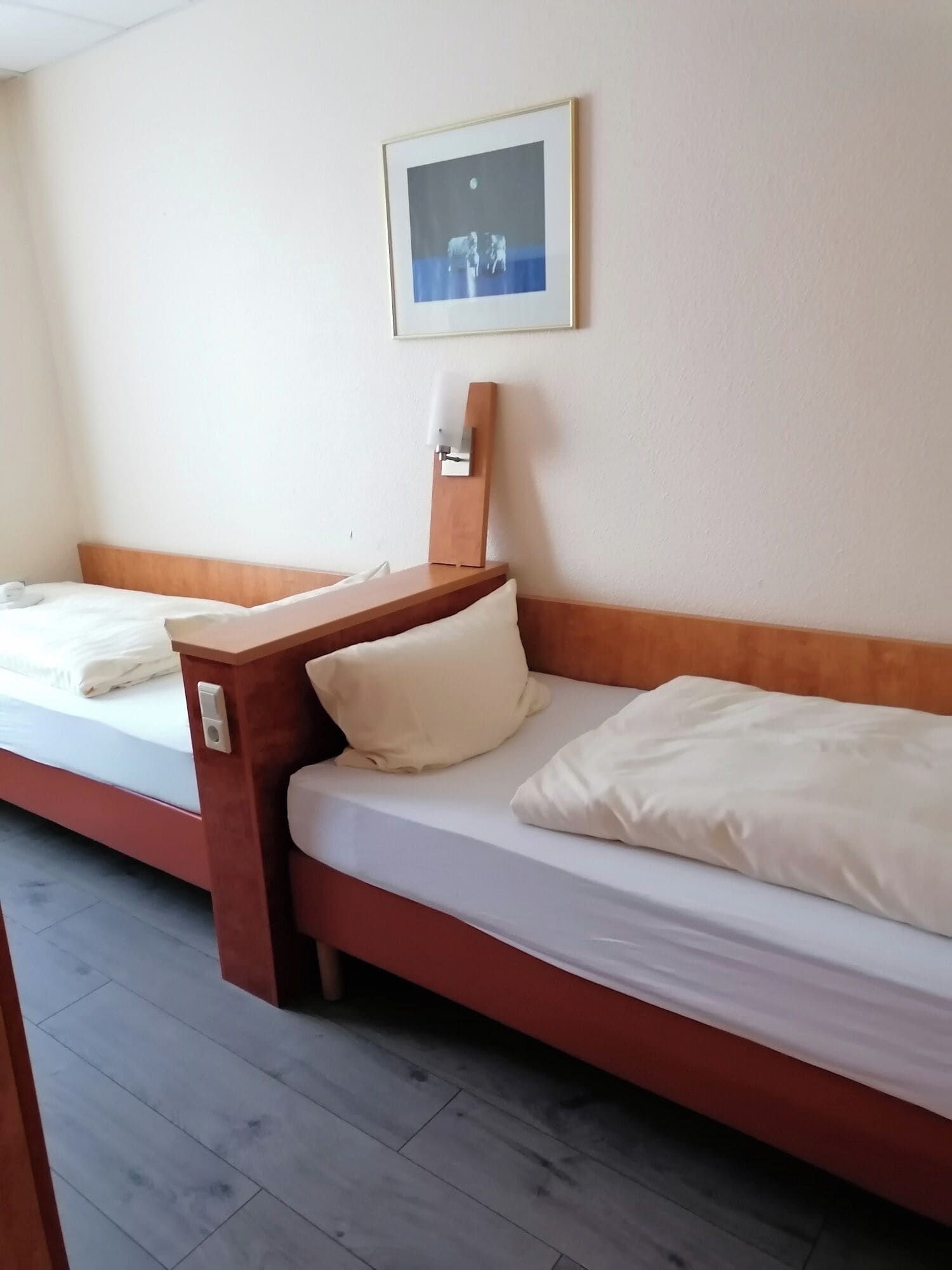 Habitación de hotel con dos camas individuales, cabecero de madera, mesita de noche y un cuadro en la pared.