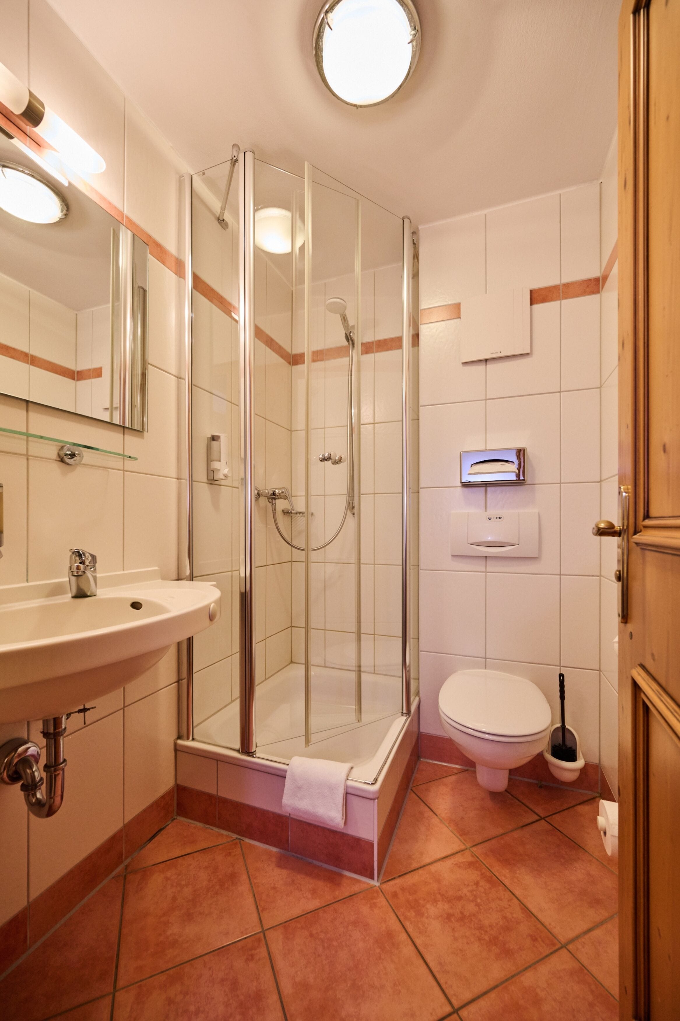A modern bathroom with a glass-enclosed shower, a sink, a toilet, and a mirror.