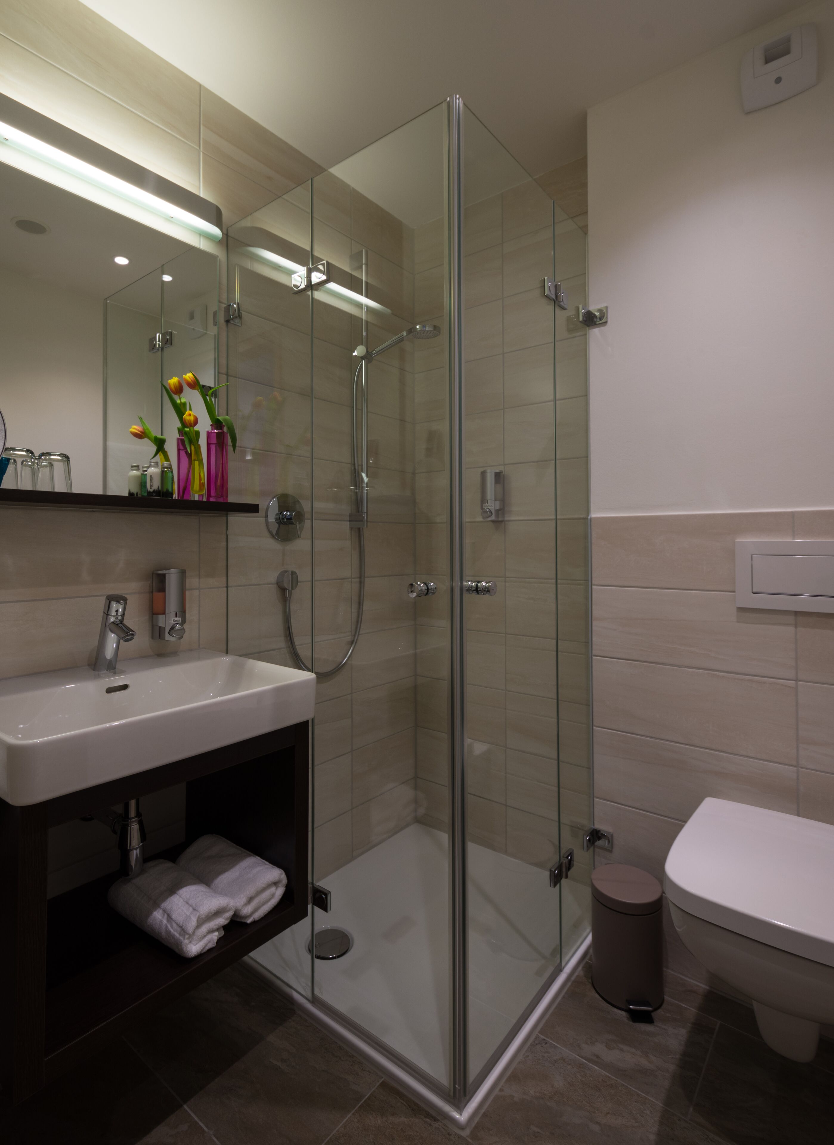 shower, free toiletries, hair dryer, towels