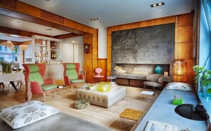 Uma sala de estar moderna com lareira, painéis de madeira e um espaço bar.