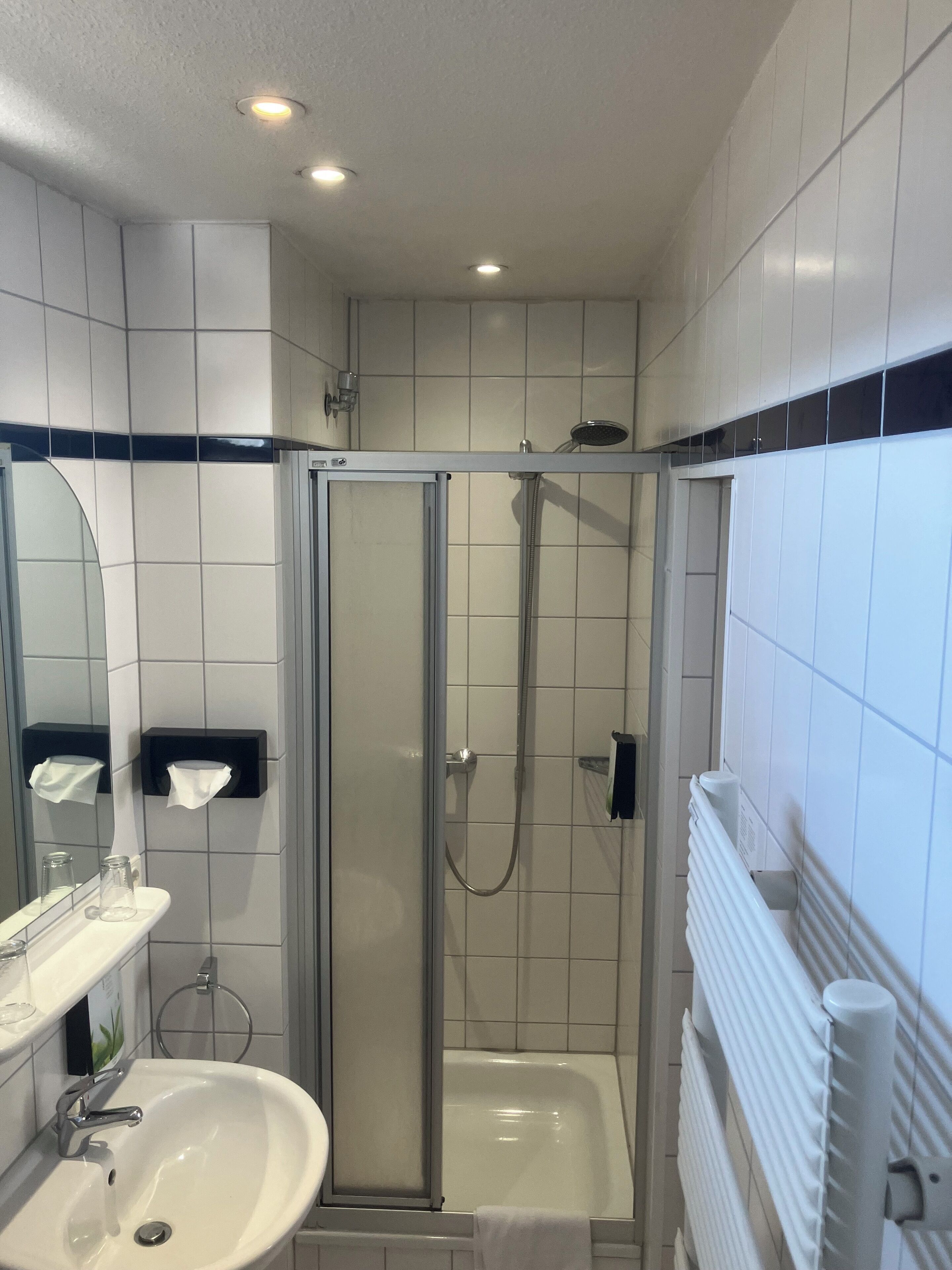 shower, free toiletries, hair dryer, towels