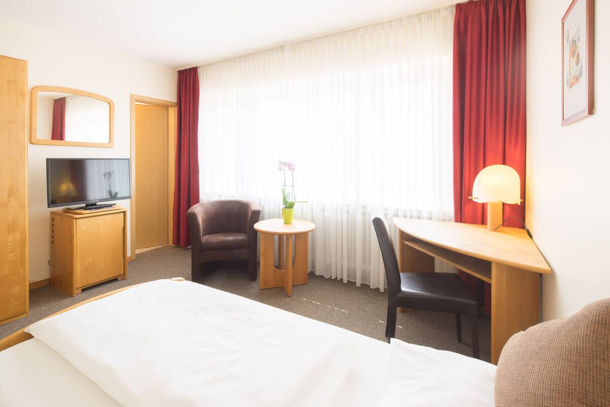 A hotel room with a bed, a desk, a chair, a television, a small table with a plant, and a window with curtains.