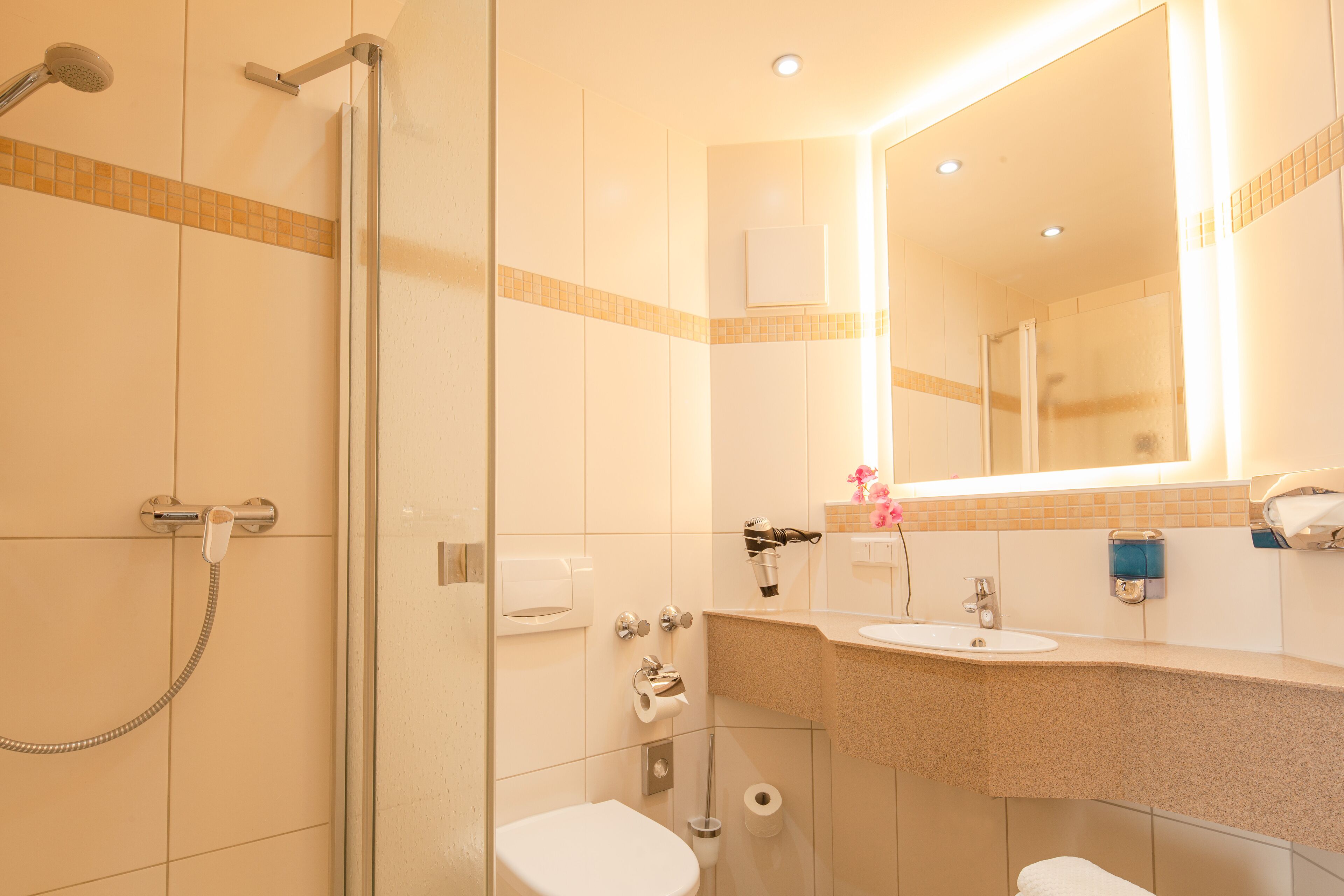 Ducha, secador de pelo, toallas y jabón