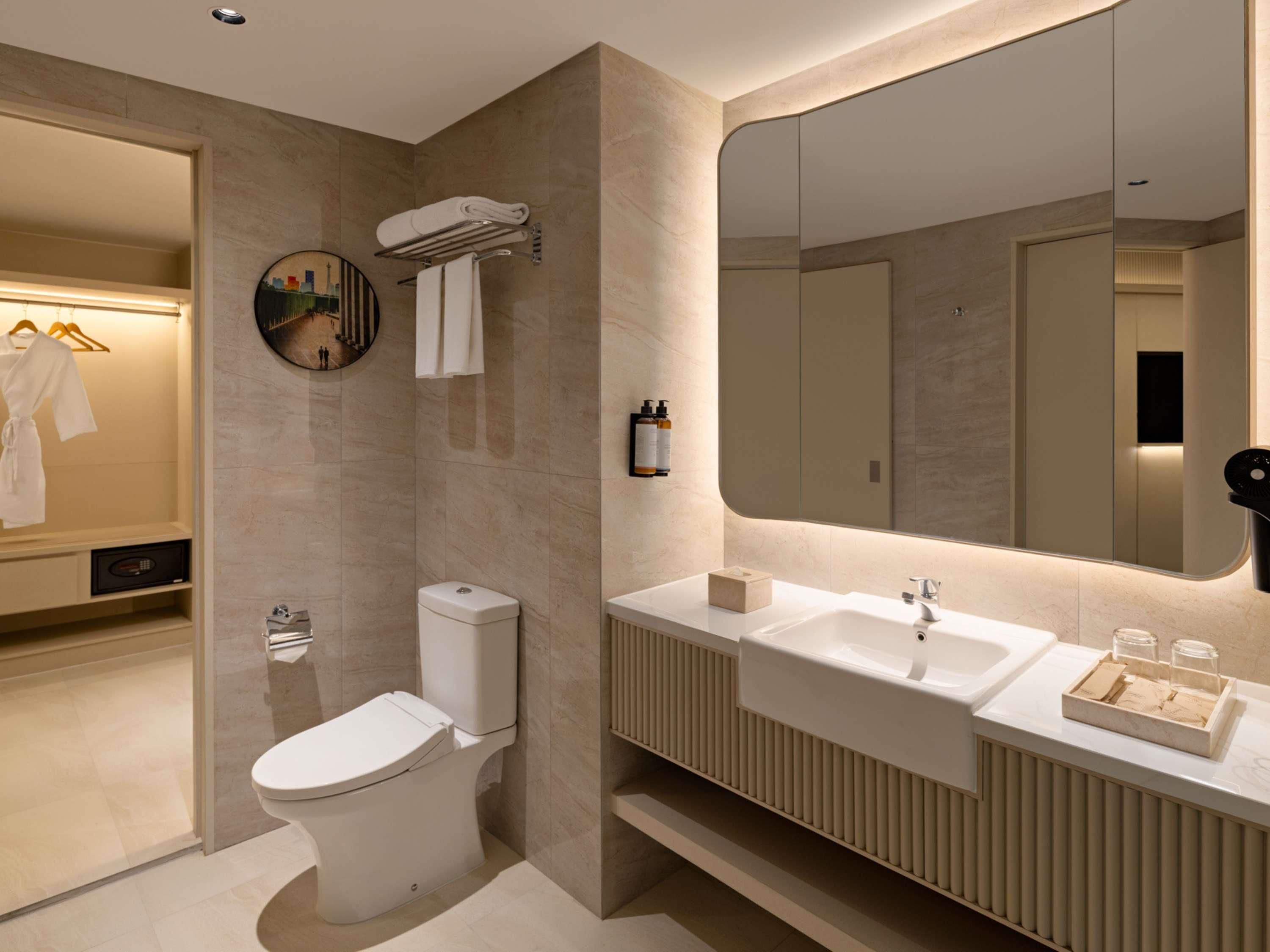 A modern bathroom with a toilet, sink, and mirror.