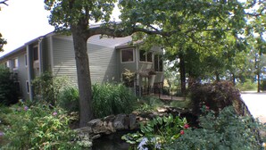 A house with a small pond, surrounded by various plants and flowers.