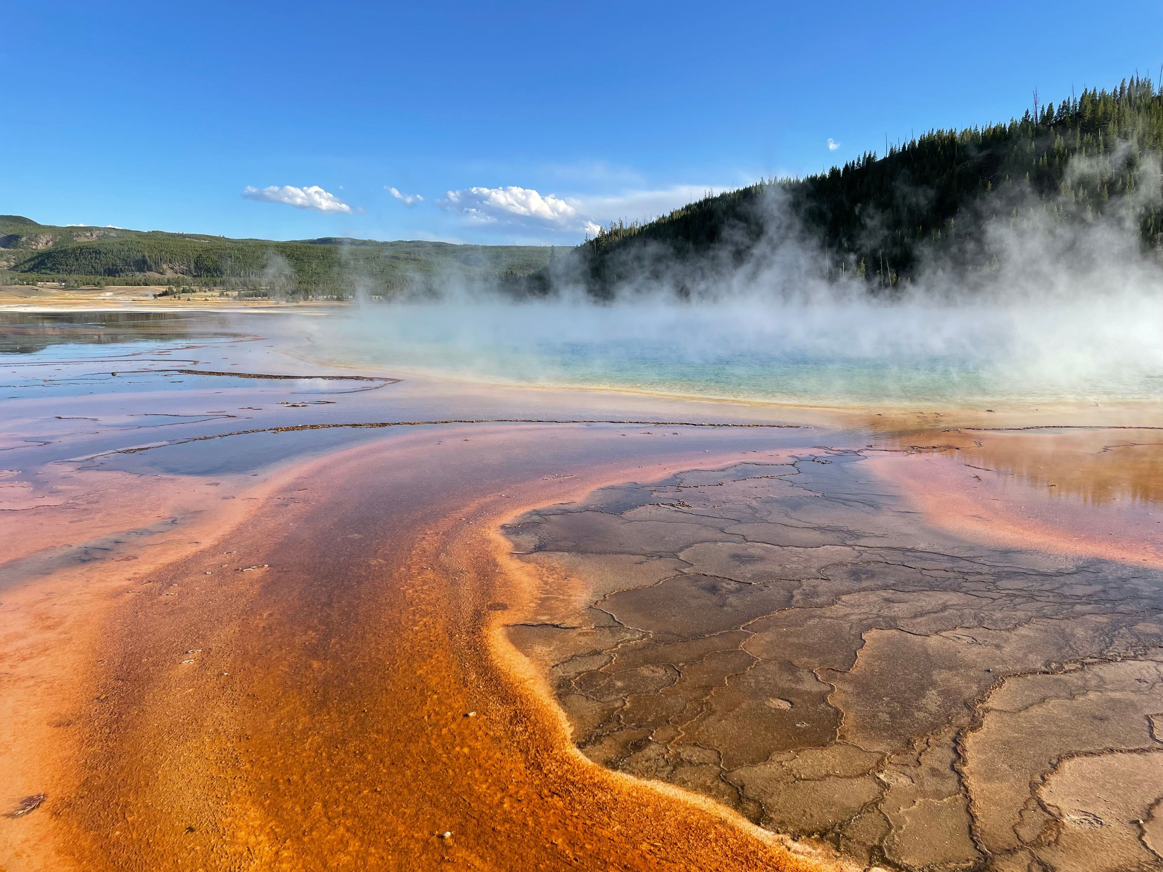 A geothermal area with mineral deposits and steam rising from the ground.