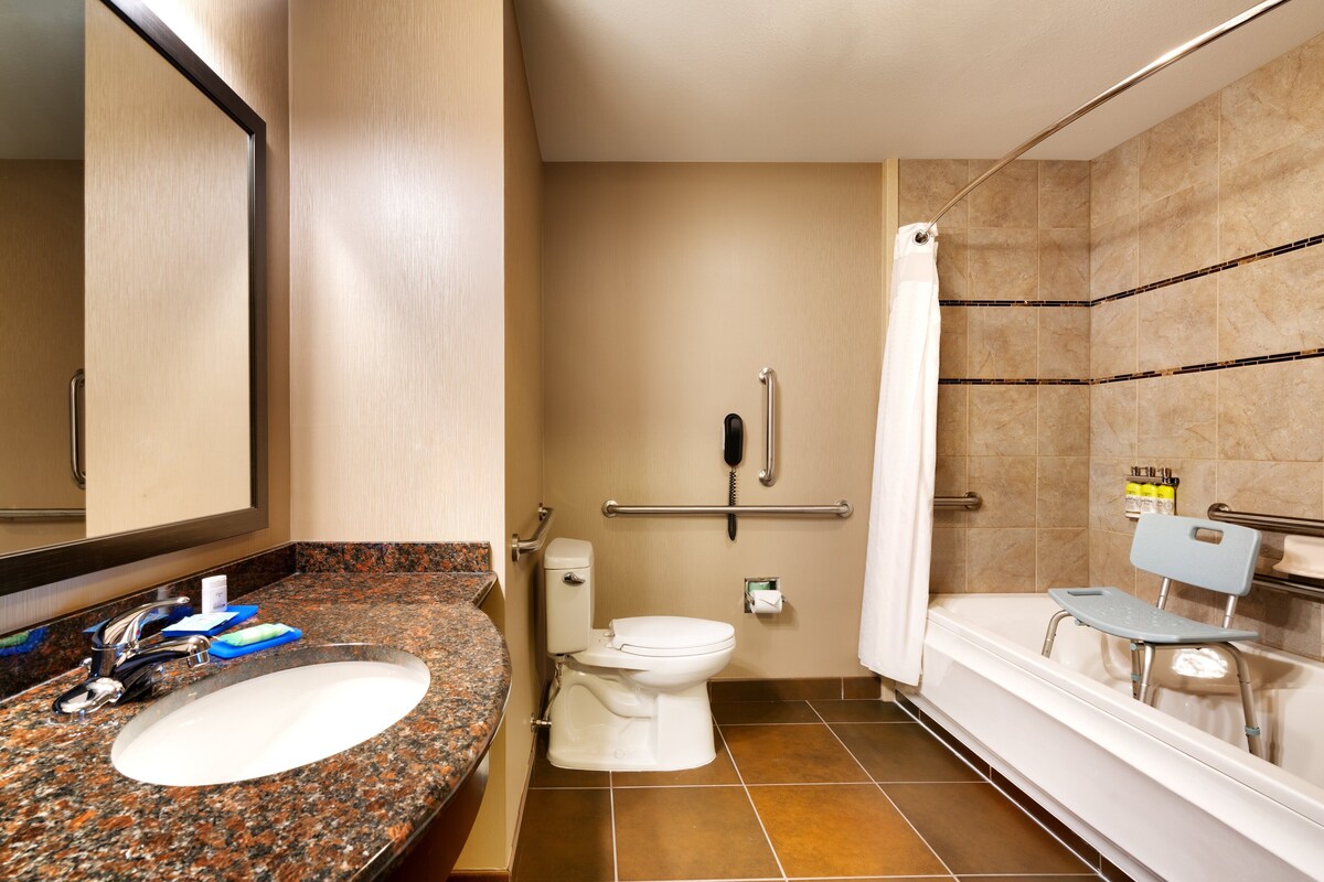 Une salle de bain avec un lavabo, des toilettes et une baignoire.