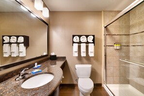 A modern bathroom with a granite countertop, a white sink, a toilet, and a glass-enclosed shower.
