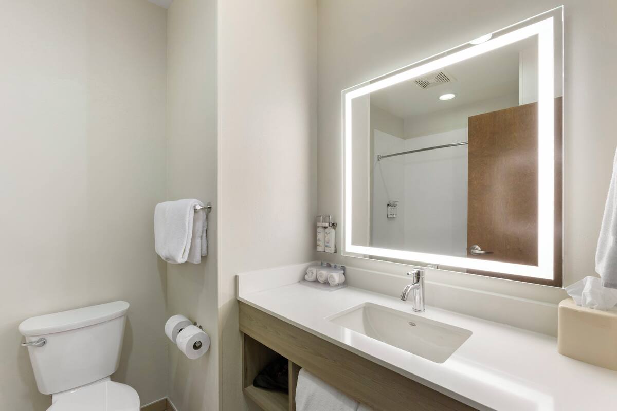 A modern bathroom with a white sink, a large mirror, and a toilet.