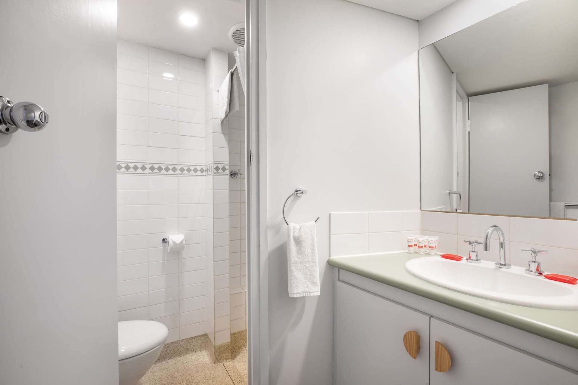 A modern bathroom with a shower, toilet, and sink.