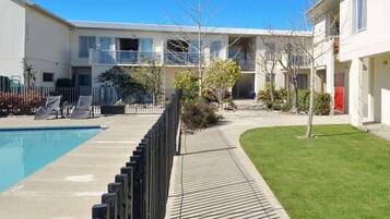 Outdoor pool, pool umbrellas, pool loungers