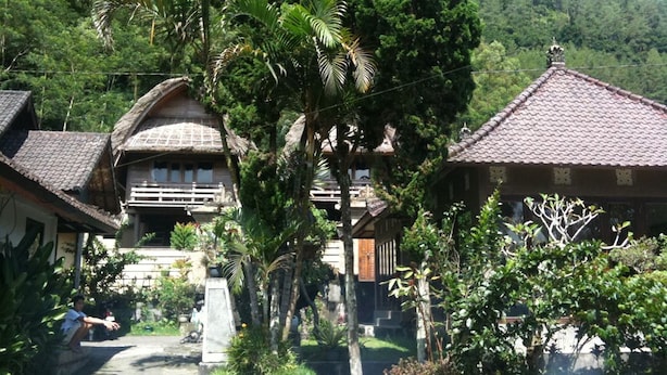 A traditional house with a tiled roof, surrounded by lush greenery and a clear sky. - Baruna Cottages (Kintamani)