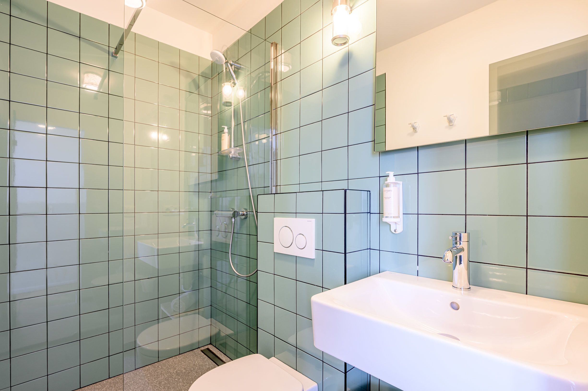double room (view room) | bathroom | shower, hydromassage showerhead, eco-friendly toiletries, hair dryer
