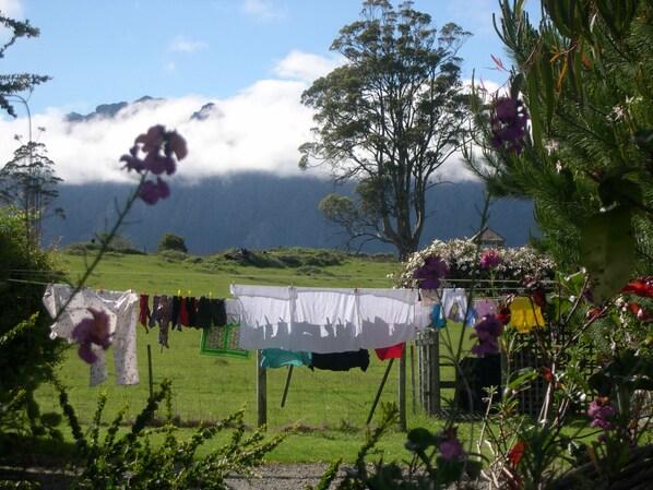 A rural landscape with a clothesline and a house in the background.