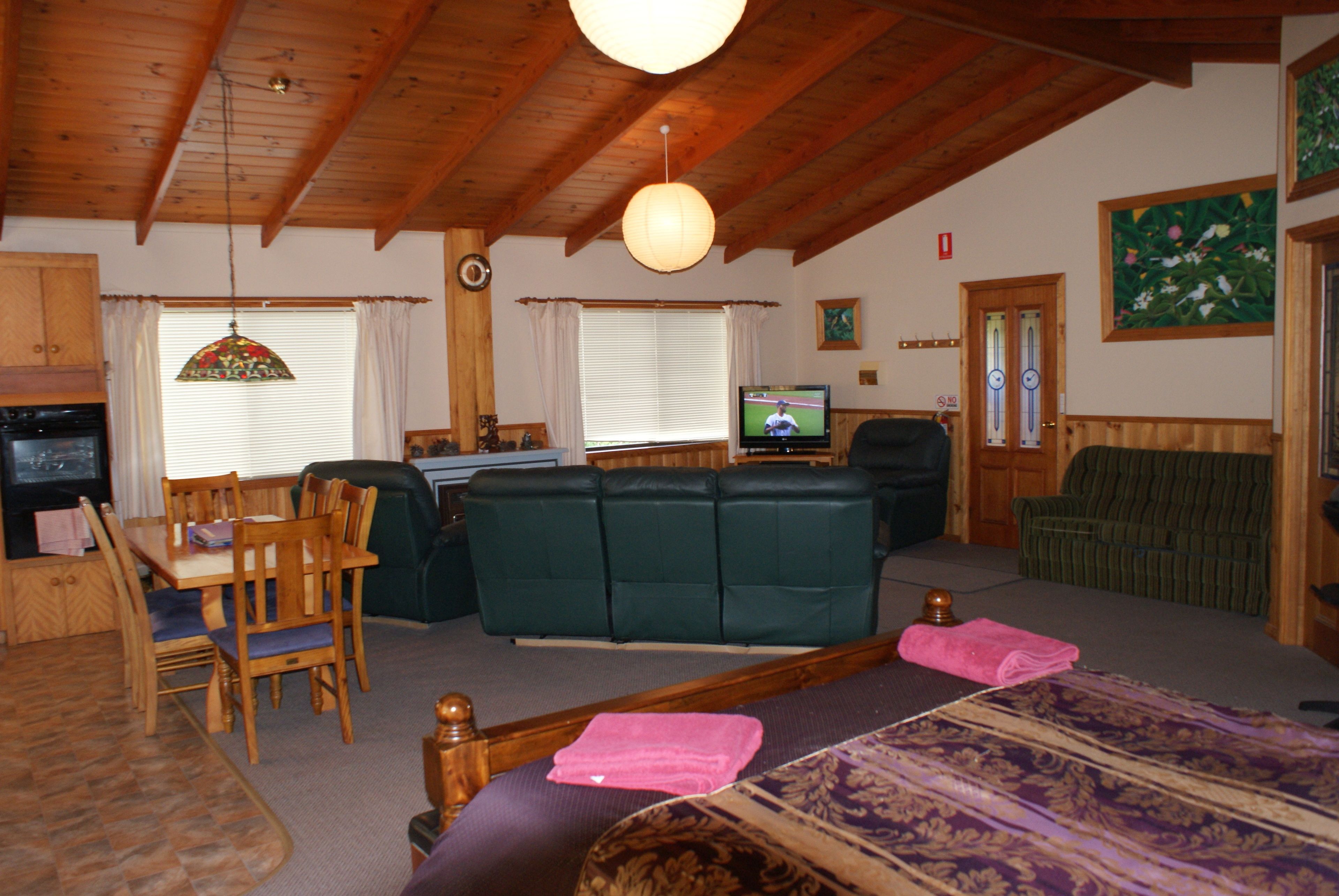 A cozy living room with a wooden ceiling, a green sofa, a dining table with chairs, a television, and a bed with a purple bedspread.