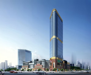 A modern high-rise building with a curved glass facade, surrounded by other contemporary buildings and a busy urban street scene. - Guangzhou Grand View Golden Palace Apartment (Guangzhou)