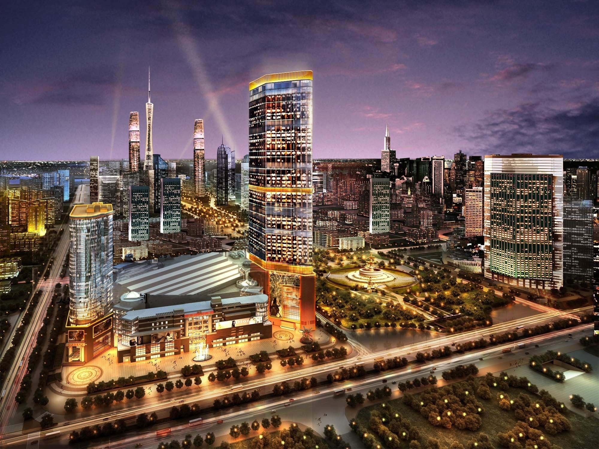 A modern cityscape with high-rise buildings, a central plaza with a fountain, and well-lit streets.