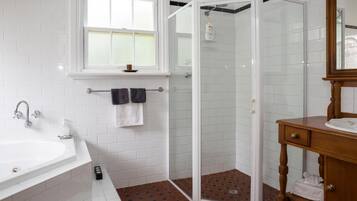 Separate tub and shower, jetted tub, hair dryer, towels