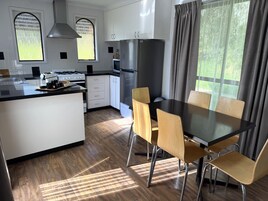 Full-size fridge, microwave, stovetop, dishwasher