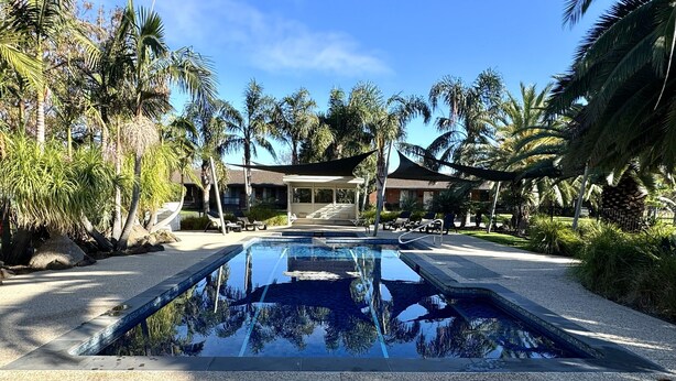A swimming pool with a clear view of the surrounding area, including palm trees and a building with a covered patio. - Barwon Valley Lodge (Belmont)
