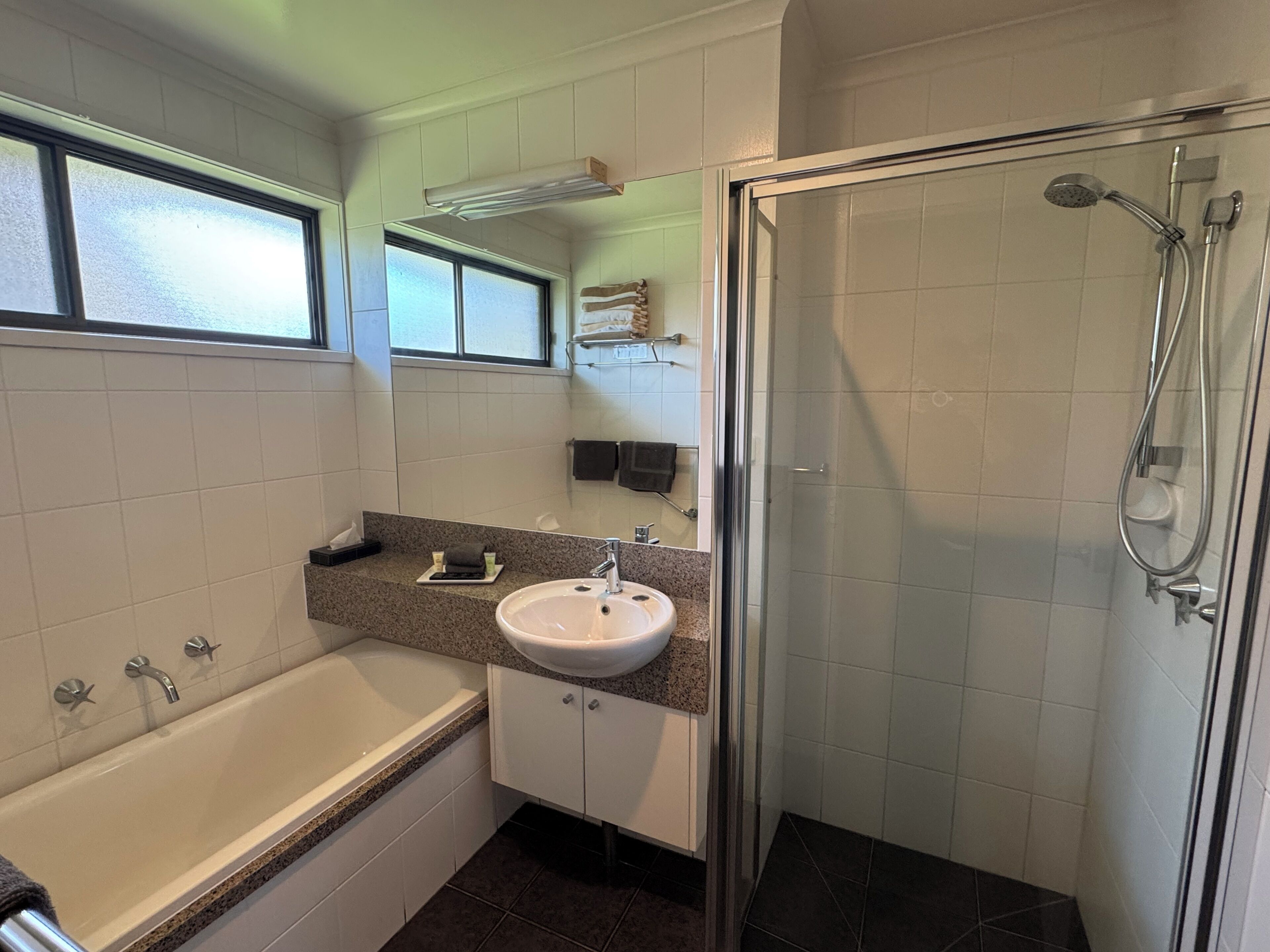 Separate bathtub and shower, free toiletries, hair dryer, towels