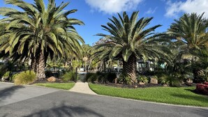 A paved pathway flanked by palm trees and greenery, leading to a building with a stone facade. - Barwon Valley Lodge (Belmont)