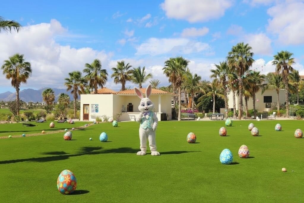 A grassy area with a white rabbit statue, palm trees, and colorful eggs.