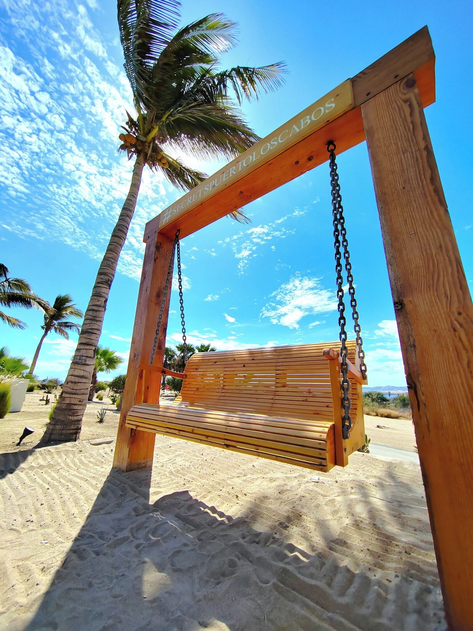 A wooden swing set with a bench, surrounded by palm trees on a sandy beach.