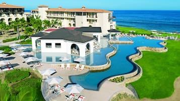 Seasonal outdoor pool, pool umbrellas, pool loungers