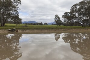 A calm lake with reflections of trees and a distant mountain range. - The Apartment (Moyston)