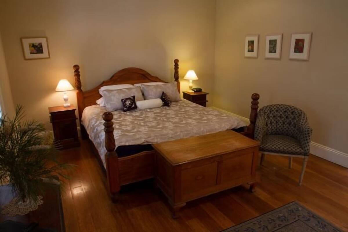 A bedroom with a wooden bed, two bedside tables with lamps, a chair, and a small potted plant.