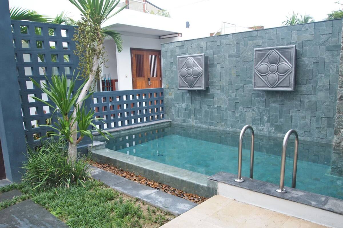 A swimming pool with a stone wall and metal railings, surrounded by a garden with grass and a palm tree.