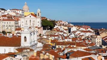 A coastal cityscape with historic buildings, a prominent church, and a bridge in the distance.