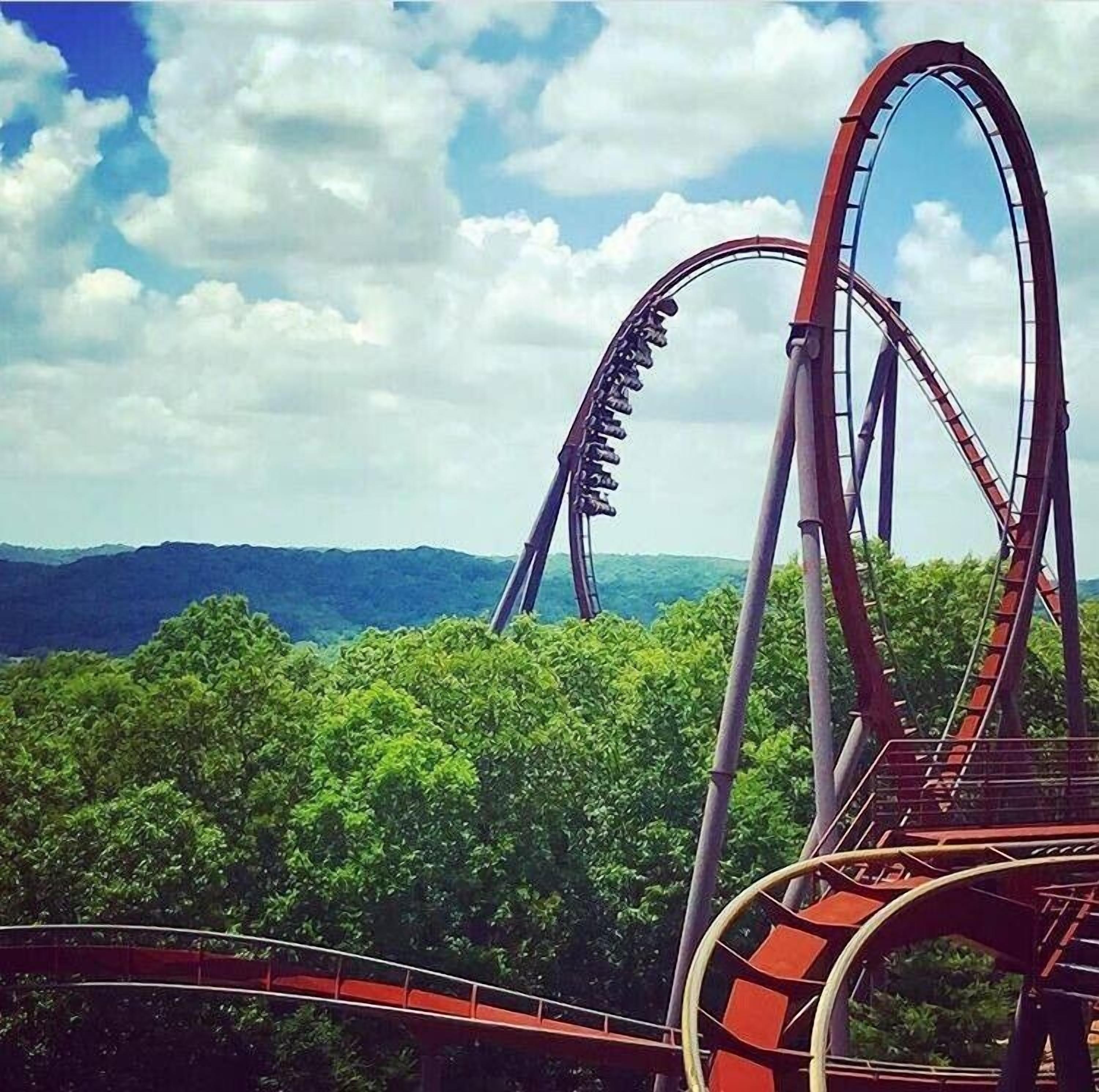 A roller coaster with a steep drop and a view of green trees and mountains in the background.