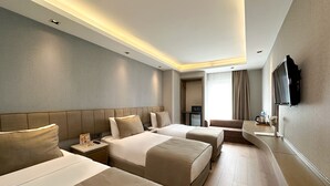 A hotel room with two beds, a sofa, a TV, a small table with a lamp, and a window with curtains. - AHC Grand Bazaar Hotel (Istanbul)