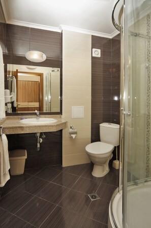 Habitación estándar con 1 cama matrimonial o 2 individuales | Baño | Secadora de cabello y toallas 