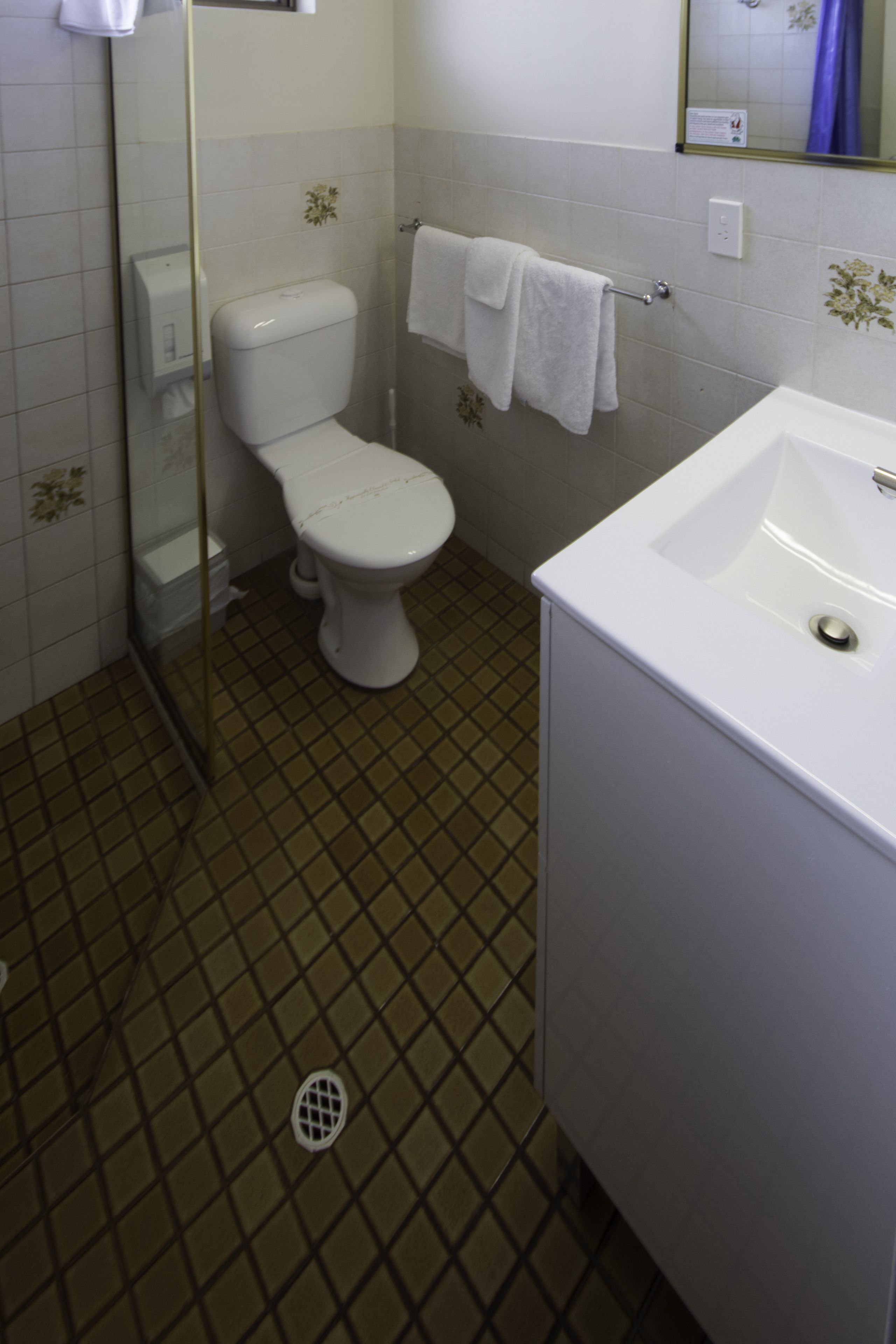 Een badkamer met toilet, wastafel en een douchecabine met glazen wanden.